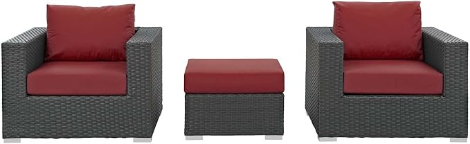 Modway Sojourn Wicker Rattan 3 Piece Outdoor Patio Sunbrella Sectional Set in Canvas Red