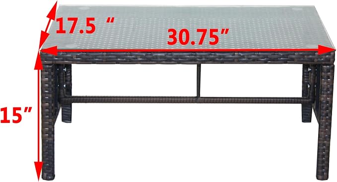 Outdoor Coffee Wicker Table with Clear Tempered Glass Top, Brown Rattan Patio Side Furniture, Weather-Resistant Garden Table with 180lb Capacity for Patio or Garden