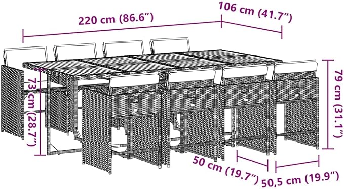 9 Piece Patio Dining Set with Cushions Gray Poly Rattan Outdoor Table and 8 Chairs for Backyard Garden Deck, Foldable Space-Saving Seating, Solid Acacia Wood Tabletop, UV-Proof, 242.5 lb Capacity