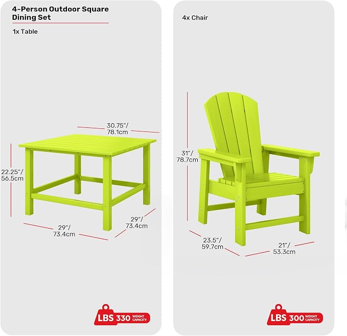 Costaelm Paradise Kids 5-Piece HDPE Outdoor Square Patio Dining Table and Chairs Set, Lime