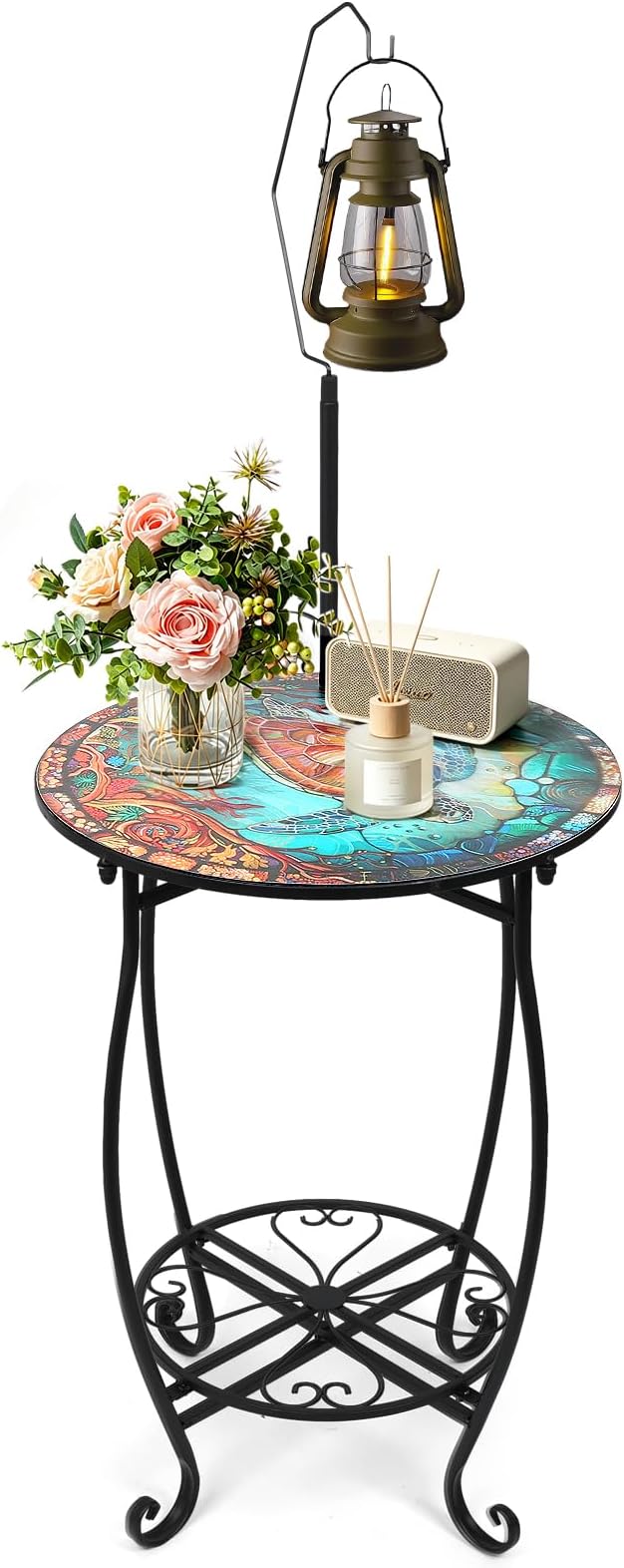 2-Tier Round Metal Side Table with Hanging Hook, Anti-Rust Weather Resistant Iron Accent Side Table for Living Room Bedroom Patio Balcony Indoor Outdoor Small Space, Easy Assemble, 25 Inch Tall