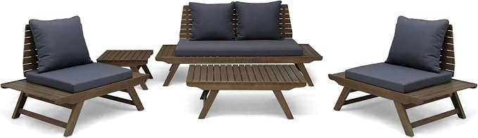 Christopher Knight Home Sedona Outdoor Acacia Wood 4 Seater Chair Loveseat Cushions Chat Patio Furniture Conversation Sets with Coffee Table, 37 "W x 28.25 "D x 29.5 "H, Gray + Dark Gray