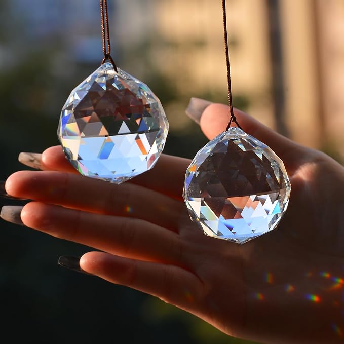 2PCS Ball Crystal Suncatcher Prisms for Windows (Ball Clear) | Clear, K9 Glass, Rainbow Maker, with Hooks & Cord
