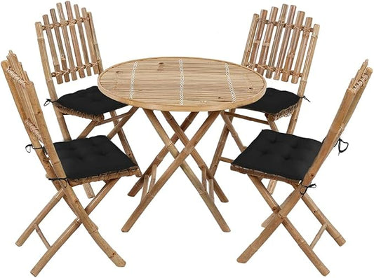 5 Piece Folding Patio Dining Set with Cushions Bamboo Outdoor Table Chairs Portable Space Saving Waterproof Furniture for Garden Balcony Deck