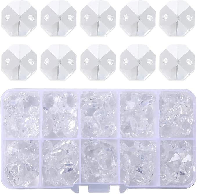 LONGWIN Lot 100pcs Clear Glass Octagon Beads for Crystal Chandelier Parts Replacement DIY Lamp Hanging Pendant Suncatcher
