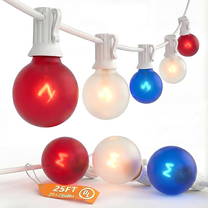 SUNSGNE 25FT G40 Red White and Blue String Lights Outdoor, Frosted Globe 4th of July Lights, Waterproof Connectable Patriotic Light for July 4th Independence Day, Memorial Day