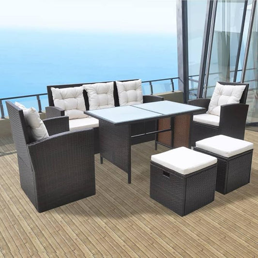 6 Piece Patio Dining Set with Cushions Poly Rattan Brown for Outdoor Garden Porch, 7-Person Rattan Furniture with Tempered Glass Table, Armchairs, Footrests, Weatherproof Seating