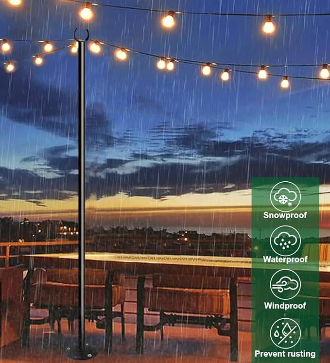 10ft String Light Pole for Soil Lawn, Light Pole for Outdoor String Light, Perfect for Garden, Backyard, and Patio Lighting Stand for Parties, Wedding - Matte Black Finish - 1 Pack