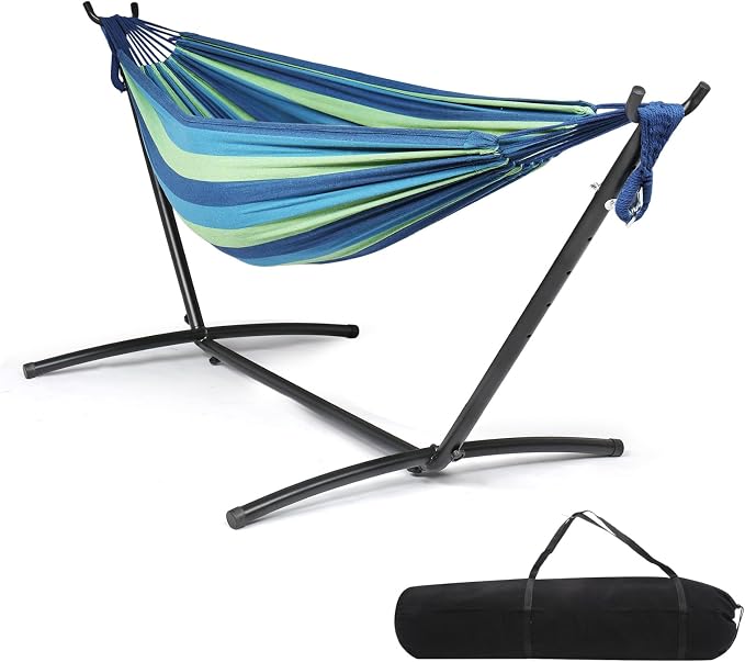 ONCLOUD 550 LBS Capacity Double Hammock with Stand Included with Portable Carrying Bag, Heavy Duty 2-Person Hammock for Outdoors & Indoors - Desert Stripe, Series TDCTZ1 - Blue Green Stripe