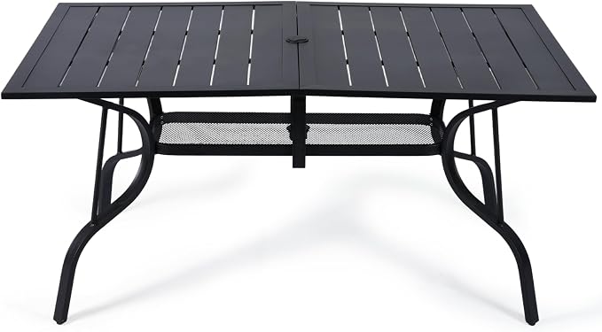 63"x38" Black Patio Outdoor Dining Table, Metal Rectangle Patio Dining Table with Adjustable Umbrella Hole for Garden, Partitioned Storage Shelf, Backyard and Porch, Black
