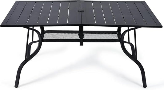 63"x38" Black Patio Outdoor Dining Table, Metal Rectangle Patio Dining Table with Adjustable Umbrella Hole for Garden, Partitioned Storage Shelf, Backyard and Porch, Black