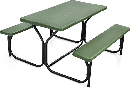 HAPPYGRILL Picnic Table Set Outdoor Patio Table Bench Set with Steel Frame & Plastic Table Top for Garden Lawn Backyard