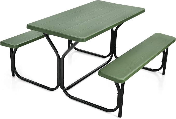 Tangkula Picnic Table Bench Set, Outdoor Picnic Table with 2 Benches, Metal Camping Table with Plastic Wood-Like Texture Tabletop & Steel Frame, Ideal for Picnic, Party, Garden, Lawn (Green)