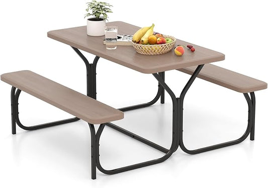 Giantex Picnic Table Bench Set Outdoor Camping All Weather Metal Base Wood-Like Texture Backyard Poolside Dining Party Garden Patio Lawn Deck Furniture Large Camping Picnic Tables for Adult