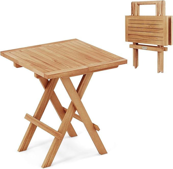 Tangkula Patio Folding Side Table, Teak Wood Square Patio Table with X-Shaped Legs & Slatted Tabletop, Portable & Compact Outdoor Indoor Use for Backyard, Deck, Lawn