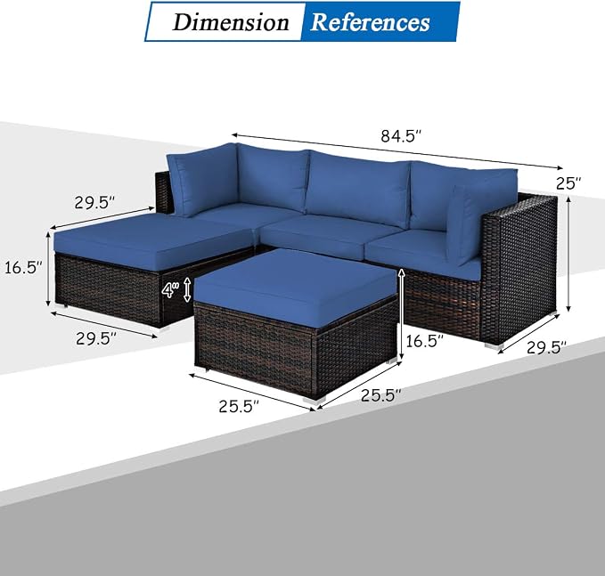 COSTWAY 5-Piece Outdoor Patio Furniture Set, PE Rattan Sectional Conversation Set with Cushions and 2 Ottomans for Garden, Deck, Backyard (Navy)