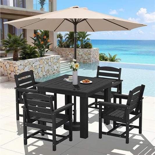 KINGYES HDPE Outdoor Dining Set for 4 with Umbrella, 6-Piece Square Patio Table & Armchairs, All-Weather for Backyard, Garden, Lawn & Poolside, Black