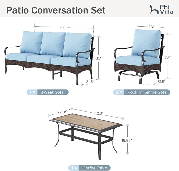 PHI VILLA Outdoor Modern Patio Furniture Set, Upgraded Wicker & Metal Patio Furniture Conversation Set with Waterproof Thick Cushions for Porch, Poolside, Yard (4 Pieces,Blue)