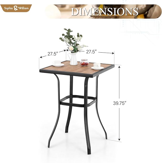 Sophia and William Outdoor Bar Height Table Square Patio Bar Table Metal Bistro Bar Table 27" x 27" Wood Like for Backyard Garden Pool