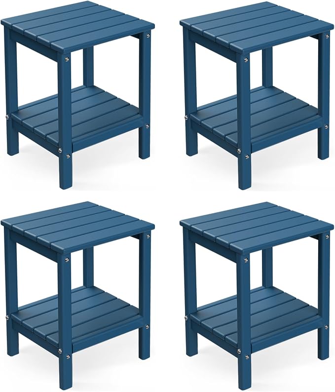 BRIOPAWS Outdoor-Side-Tables | Set of 4 | Small | HDPE Plastic | Patio End-Table | 2-Shelf Adirondack Outside Tables | All Weather | for Poolside Front Porch Indoor Living Room | 14" x 13" | Blue