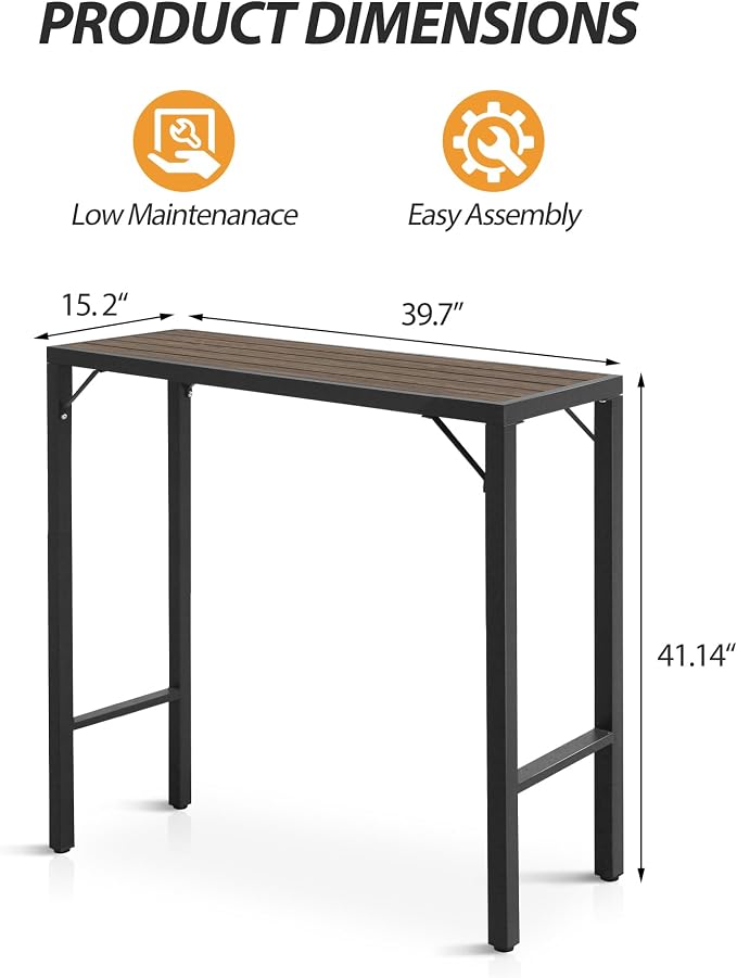 Outdoor Bar Table, 39” Patio Bar Height Table, Bar Counter Pub Dining Table with Waterproof Top for Balcony, Garden, Yard, Poolside (Brown)