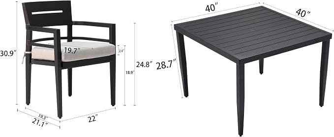 5-Piece Patio All Aluminum Furniture Set, All-Weather Resistant Outdoor Patio Set, 40" Square Dining Table with Umbrella Hole and 4 Dining Chairs Fabric Upholstered, Ember Black