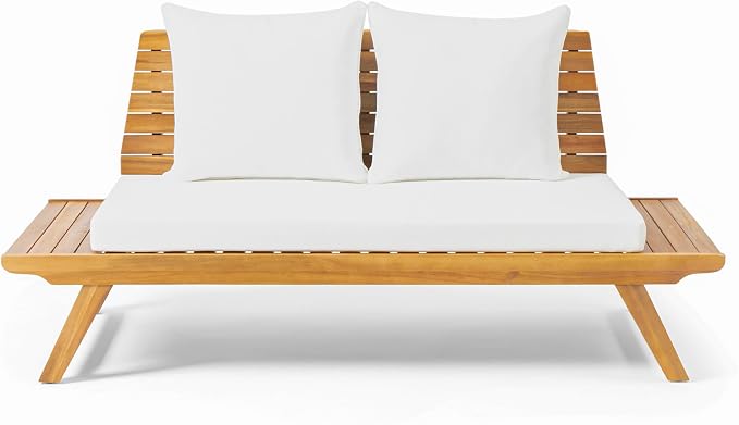 Christopher Knight Home Outdoor Acacia Wood 4 Seater Chat Set with Side Table and Coffee Table, Teak and White