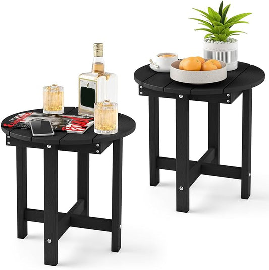 Tangkula Round Outdoor Side Table Set of 2, Adirondack Side Table with Weather-Resistant, Waterproof Top, Small Outside End Table for Patio Deck Pool Porch, Easy Maintenance (Black,2)