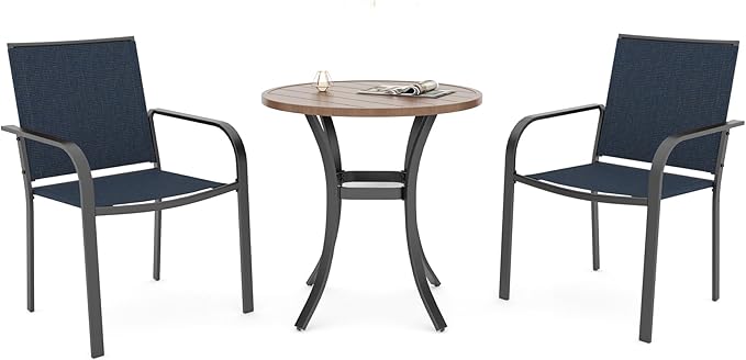 Anmutig Small Outdoor Patio Set with 27.5" Wood-Like Brown Round Table Top and 2 Navy Blue Stackable Dining Chairs