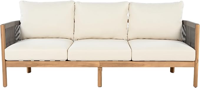 Christopher Knight Home Havets 5 Pieces Outdoor Acacia Furniture Set, Woven Rope Loveseat and Accent Club Chairs, 6" Thick Cushions Sofa and Coffee Table Set for Backyard Garden Balcony, Gray+Beige