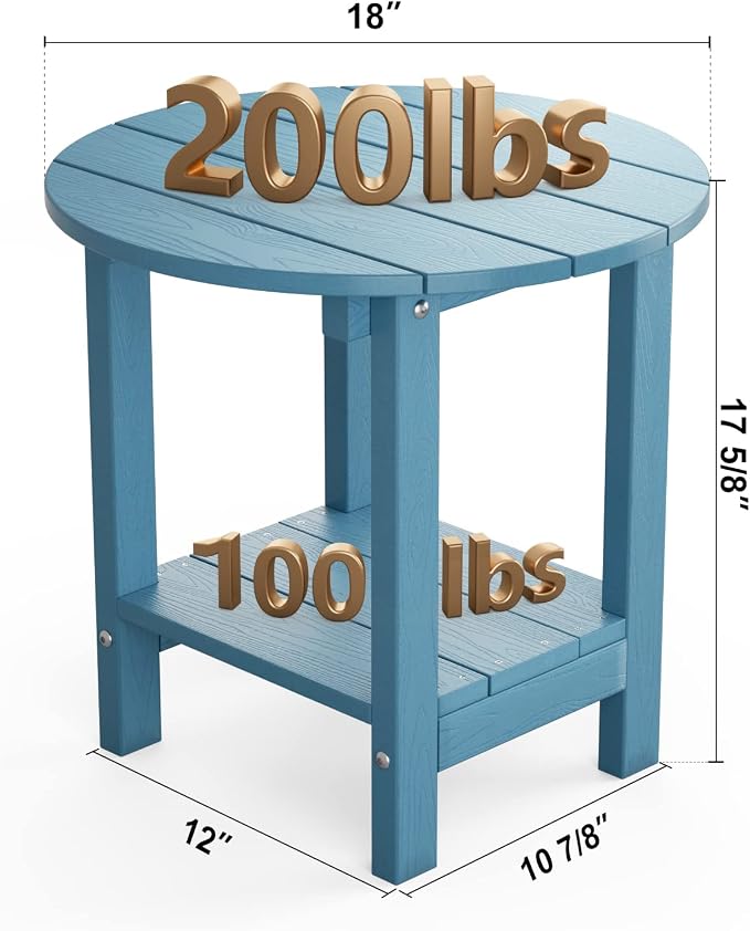MXIMU Round Outdoor Side Table Adirondack Tables 18 Inch Chairside End Tables with Storage Shelf, 2-Tier Plastic Patio Side Table for Balcony Backyard Lawn (Blue, 1 Pack)