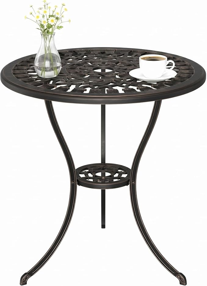 Garvee 23" Round Patio Dining Table with Umbrella Hole,Antique Cast Aluminum Outdoor Bistro Table,Umbrella Table,Side Table,End Table,Outdoor Furniture for Backyard,Garden,Patio,Porch,Bronze