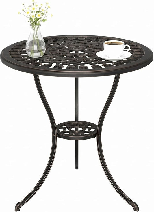 Garvee 23" Round Patio Dining Table with Umbrella Hole,Antique Cast Aluminum Outdoor Bistro Table,Umbrella Table,Side Table,End Table,Outdoor Furniture for Backyard,Garden,Patio,Porch,Bronze