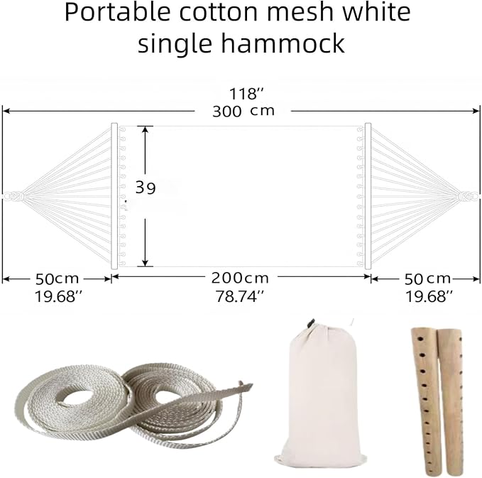 79x32in Anti-Rollover Mesh Hammock, Wood Bar, 300LB, White | Anti-rollover wood bar, 300LB mesh hammock. Breathable, foldable. For camping, patio & bedroom. Fits trees & stands。