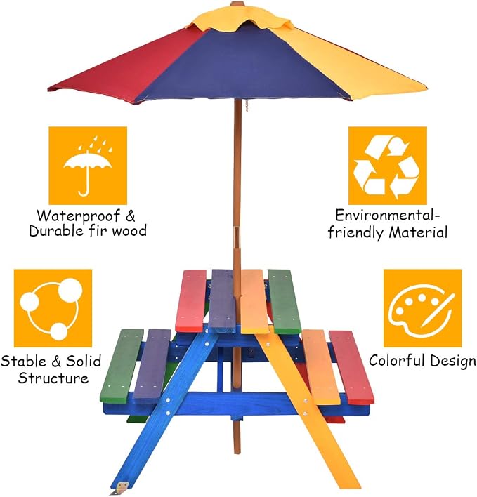 Costzon Kids Picnic Table Set, Colorful Wood Picnic Table and Benches with Removable/Folding Umbrella, Children Rainbow Bench Outdoor Patio Set
