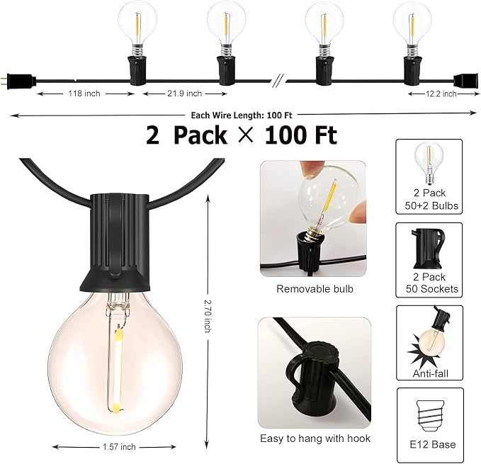 Outdoor String Lights 200FT Wateproof Outside Lighting for Patio Backyard | 104 Shatterproof Dimmable G40 Globe Bulbs,2-Pack x 100FT Linkable Outdoor Lights for Porch Bistro Garden Gazebo Balcony Yard