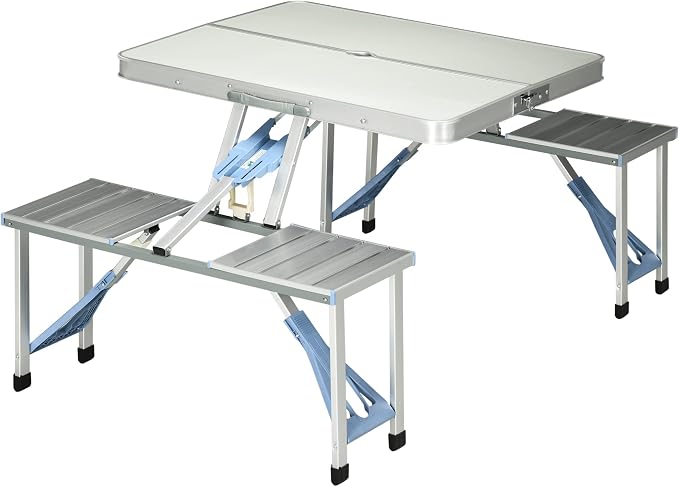 Outsunny Folding Picnic Table with Umbrella Hole, Aluminum Suitcase Portable Outdoor Table with Bench, Patio, Porch or Camping Table and Chair Set, Silver