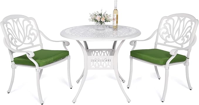 VIVIJASON 3-Piece Patio Bistro Sets, All-Weather Cast Aluminum Bistro Table Set Outdoor Patio Furniture, Include 2 Cushioned Chairs and 35.4" Round Table, 2" Umbrella Hole, White