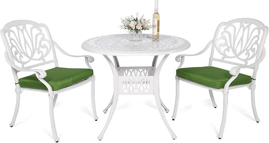 VIVIJASON 3-Piece Patio Bistro Sets, All-Weather Cast Aluminum Bistro Table Set Outdoor Patio Furniture, Include 2 Cushioned Chairs and 35.4" Round Table, 2" Umbrella Hole, White