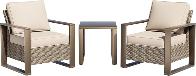 Outdoor Wicker Metal Chairs Set of 2 with Matching Side Table - 3 Pieces Patio Bistro Set with Removable Olefin Fabric Cushions & Rectangular Framed Wood-Looking Metal Armrest, Beige