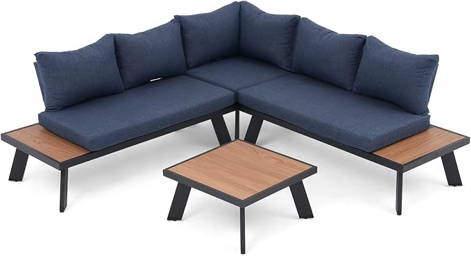 SUNSITT 4-Piece Outdoor Patio Furniture Set L-Shaped Aluminum Sectional Sofa with Faux Wood Grain Top Coffee Table, All-Weather Patio Conversation Set with Cushions, Blue