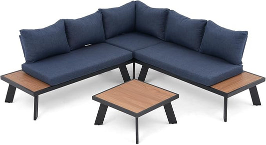 SUNSITT 4-Piece Outdoor Patio Furniture Set L-Shaped Aluminum Sectional Sofa with Faux Wood Grain Top Coffee Table, All-Weather Patio Conversation Set with Cushions, Blue