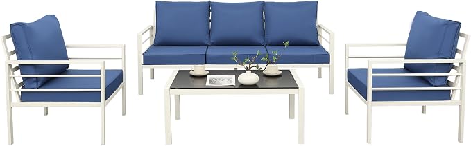WAROOM Patio Furniture Set 4 Pieces Metal Outdoor Conversation Sets Backyard Chair Outside Couch with Coffee Table, Blue Cushion