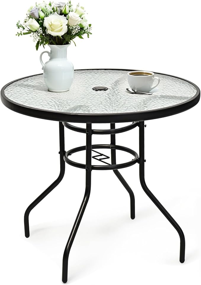 DREAMADE 32 Inch Patio Table, Outdoor Dining Furniture w/ 1.65” Umbrella Hole, Sturdy Metal Frame with Tempered Glass Top, Small Accent Bistro Coffee Table for Deck, Balcony, Garden, Pool, Backyard