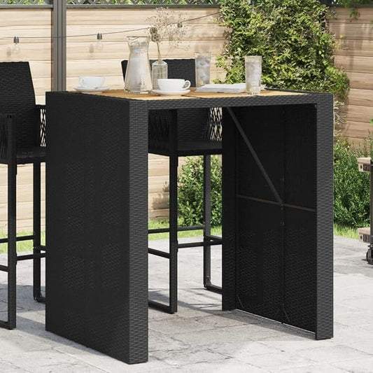 Outdoor Bar Table Black Poly Rattan with Acacia Wood Top, Large Rectangular Patio Furniture for Garden Balcony Terrace, 31.5x41.3x43.3 Inch Steel Frame
