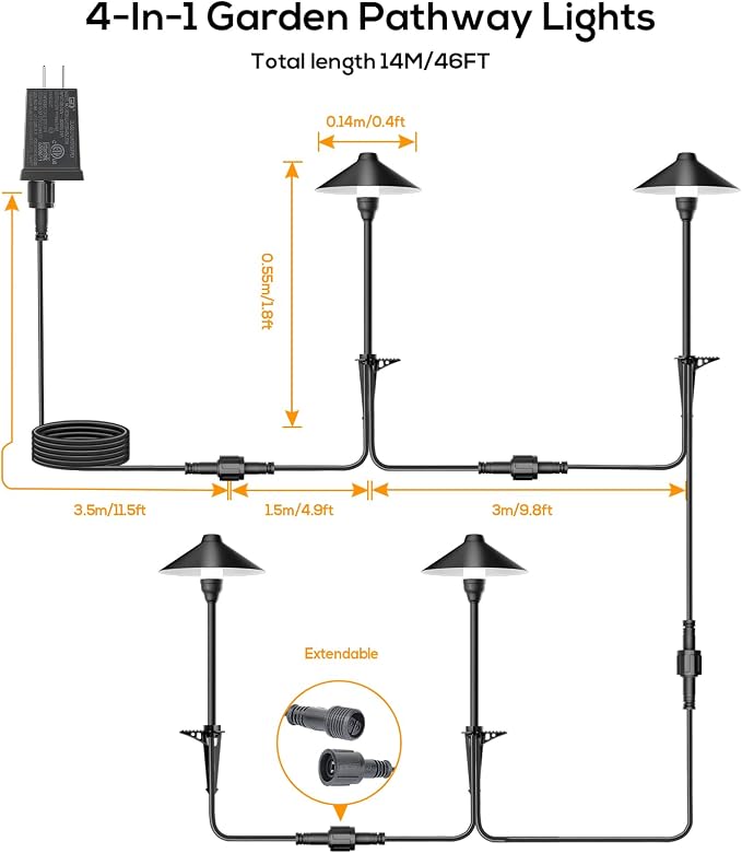 Low Voltage Pathway Lights with Timer, Plug in Landscape Path Light | 4H/6H/8H Timing, 3000K LED Landscape Lighting IP65 Waterproof ETL Listed, Set of 4 Lights Total 12W, Non-Hardwired