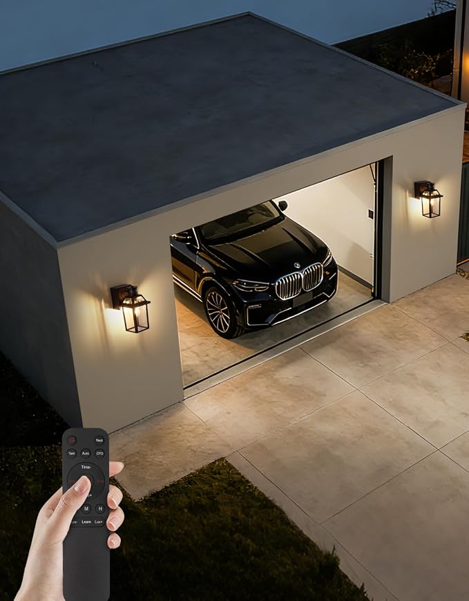 Porch Light with GFCI Outlet and Remote, Motion Sensor, Brown, 2 Pack | Dusk to Dawn Motion Sensor Outdoor Light 4 Lighting Modes Exterior Fixture Outside Lights for Porch Garage House