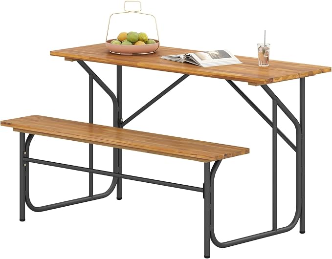 HAPPYGRILL Picnic Table Bench Set for 2, Acacia Wood Dining Table and Bench Set with Heavy Duty Metal Frame, for Patio, Porch, Garden and Backyard