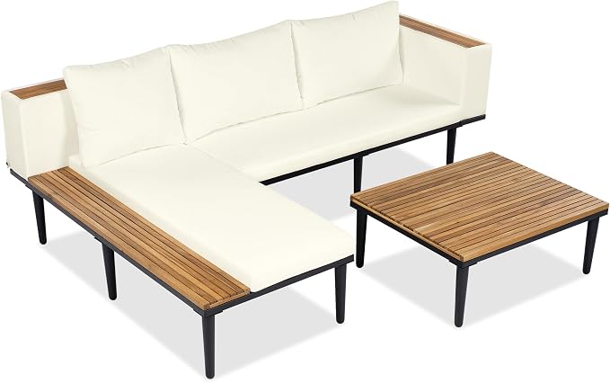 Luxury Patio Furniture Set with Removable Cushions and Coffee Table, L-Shaped Acacia Wood Sofa with Side Table, Outdoor Conversation Sectional Sofa for Backyard,Porch (Beige#51)