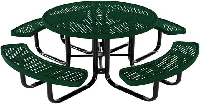 COATEDOUTDOORFURNITURE Heavy-Duty Portable Outdoor Kids Table with Umbrella Hole, Punched Steel Kids Picnic Table, Commercial-Grade, Made in America (46 in, Round, Childrens, Green)